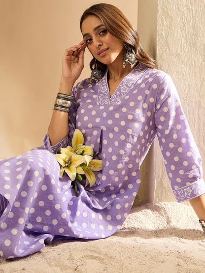 Indo Era Lavender Printed A-Line Kurta Trousers  set
