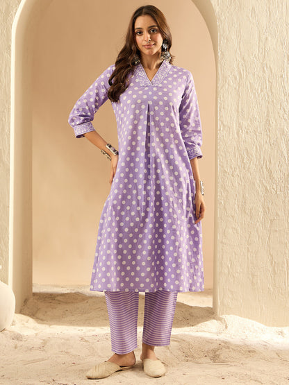 Indo Era Lavender Printed A-Line Kurta Trousers  set