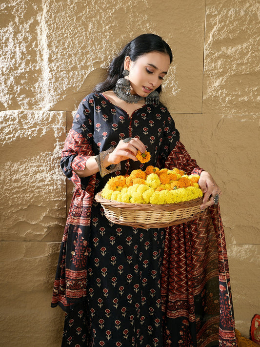 Indo Era Black Printed Straight Kurta Trousers With Dupatta set