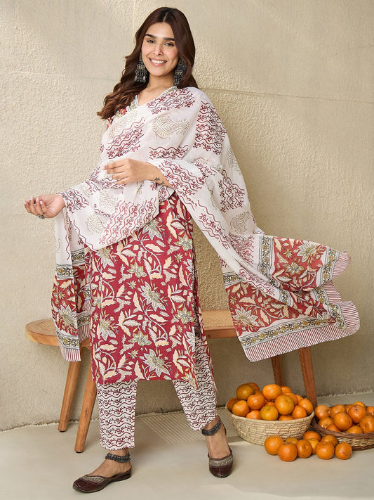 Maroon Printed Straight Kurta Trousers With Dupatta set