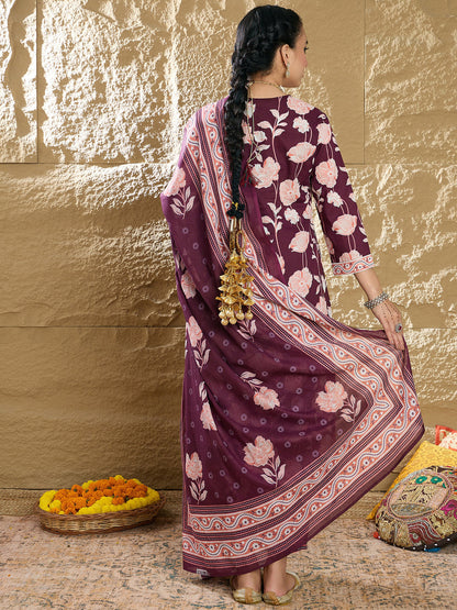 Indo Era Burgundy Printed Straight Kurta Trousers With Dupatta set