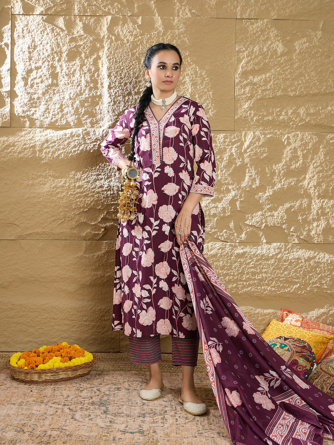 Indo Era Burgundy Printed Straight Kurta Trousers With Dupatta set