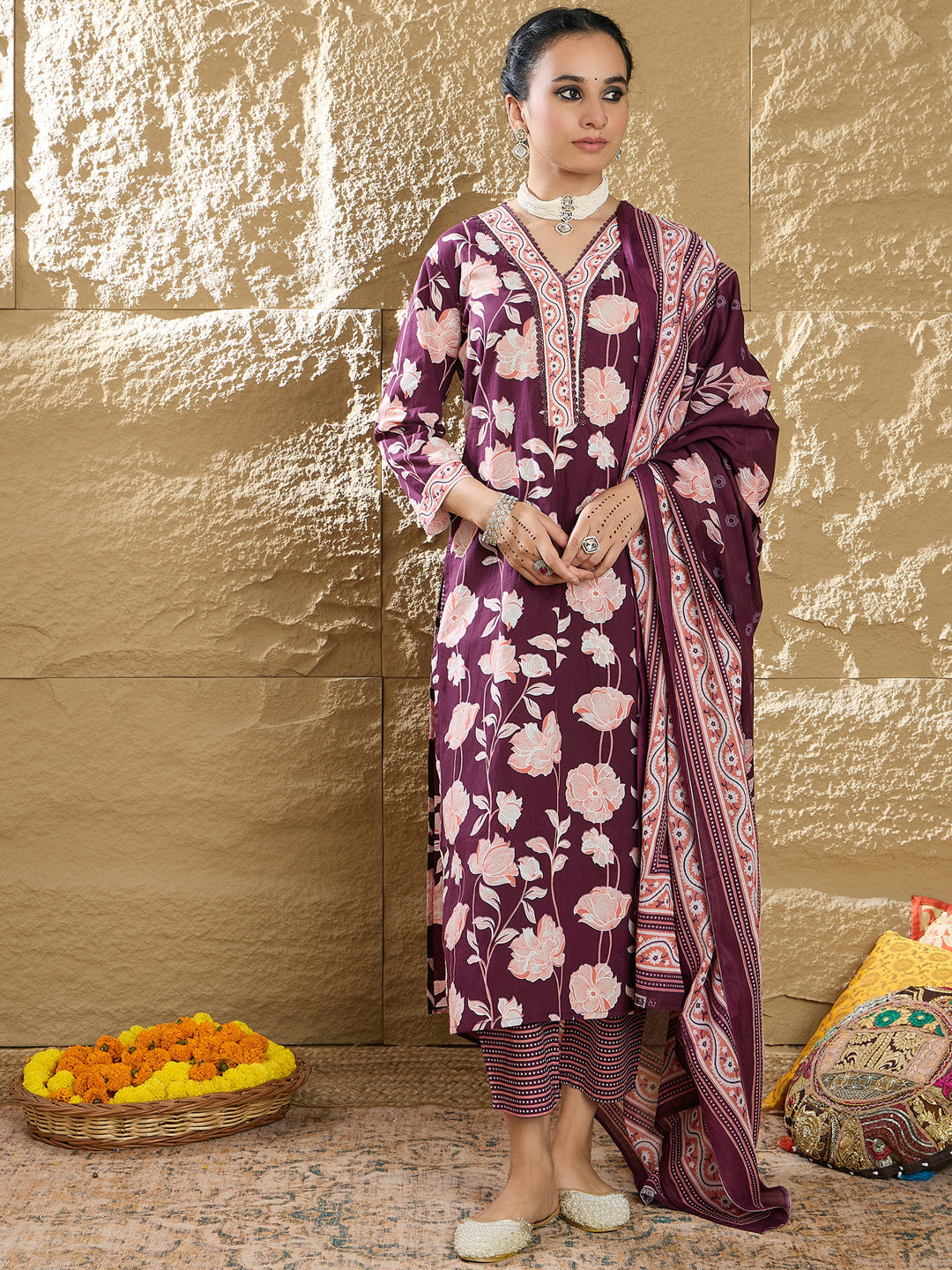 Indo Era Burgundy Printed Straight Kurta Trousers With Dupatta set