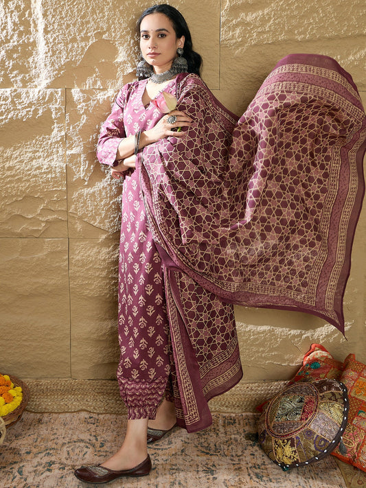 Indo Era Burgundy Printed Straight Kurta Salwar With Dupatta set