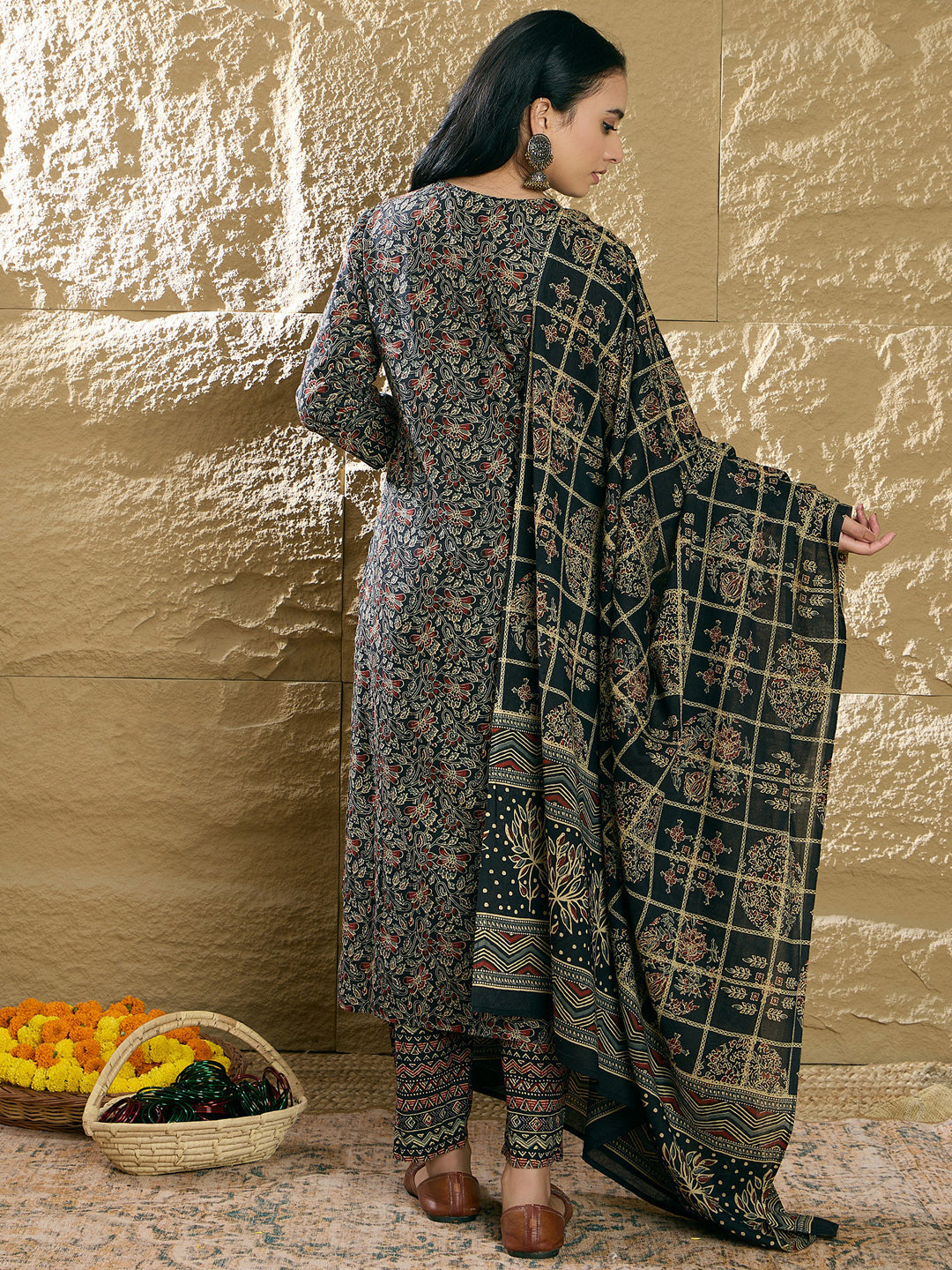 Indo Era Black Printed Straight Kurta Trousers With Dupatta set