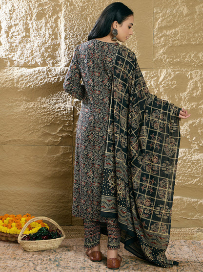 Indo Era Black Printed Straight Kurta Trousers With Dupatta set