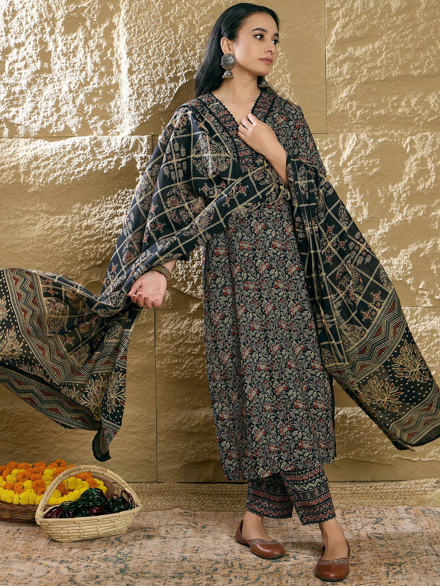 Indo Era Black Printed Straight Kurta Trousers With Dupatta set