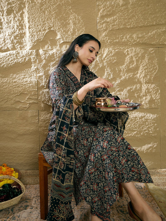 Indo Era Black Printed Straight Kurta Trousers With Dupatta set