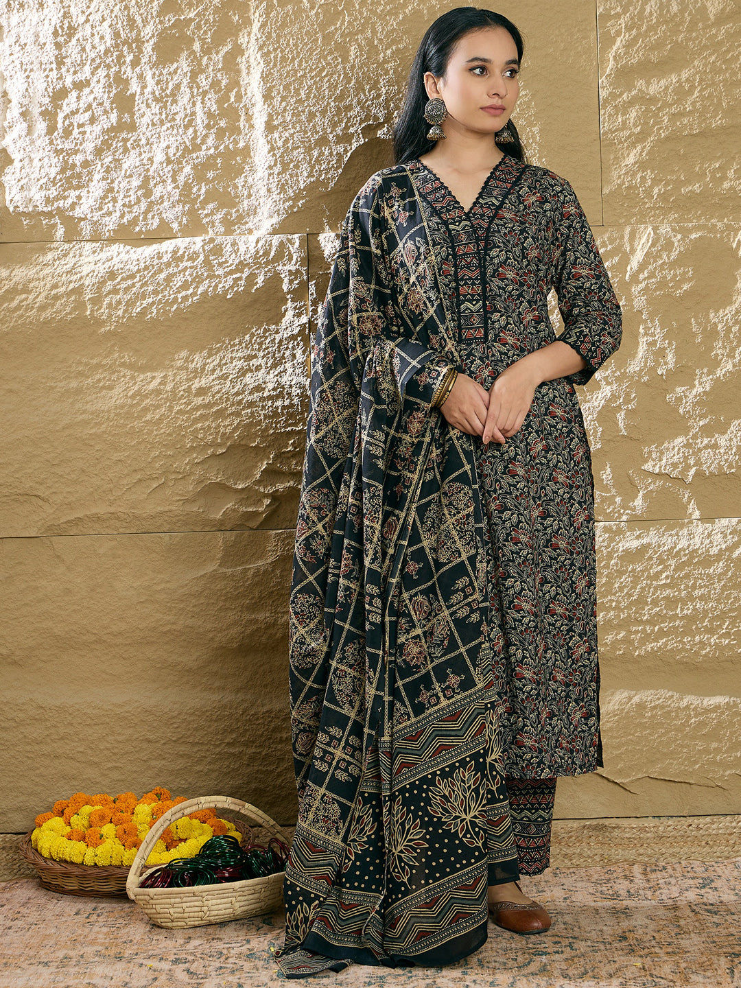 Indo Era Black Printed Straight Kurta Trousers With Dupatta set