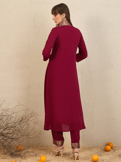 Maroon Woven Design A-Line Kurta Trousers Set