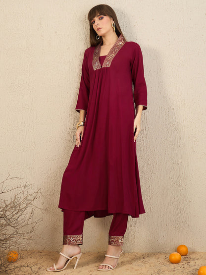 Maroon Woven Design A-Line Kurta Trousers Set