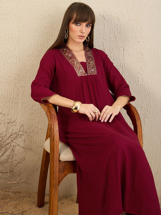 Maroon Woven Design A-Line Kurta Trousers Set