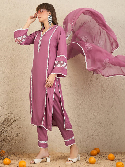 Mauve Embroidered Straight Kurta Trousers With Dupatta set