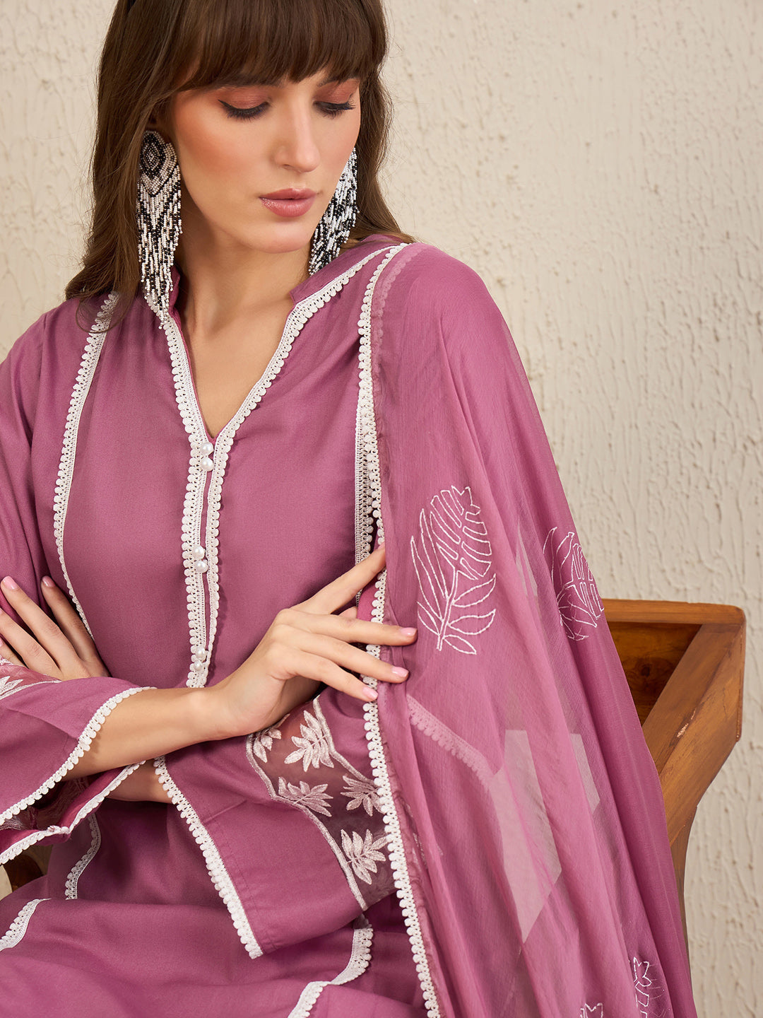 Mauve Embroidered Straight Kurta Trousers With Dupatta set