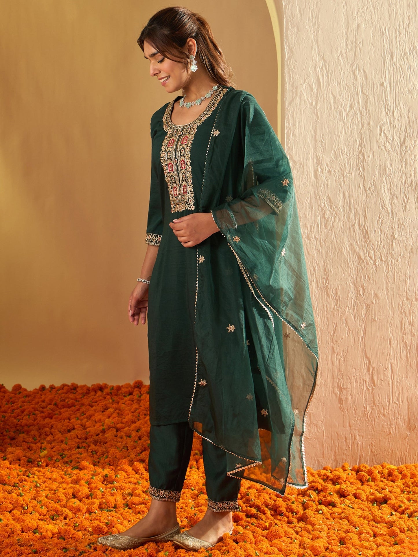 Indo Era Green Embroidered Straight Kurta Trousers With Dupatta set