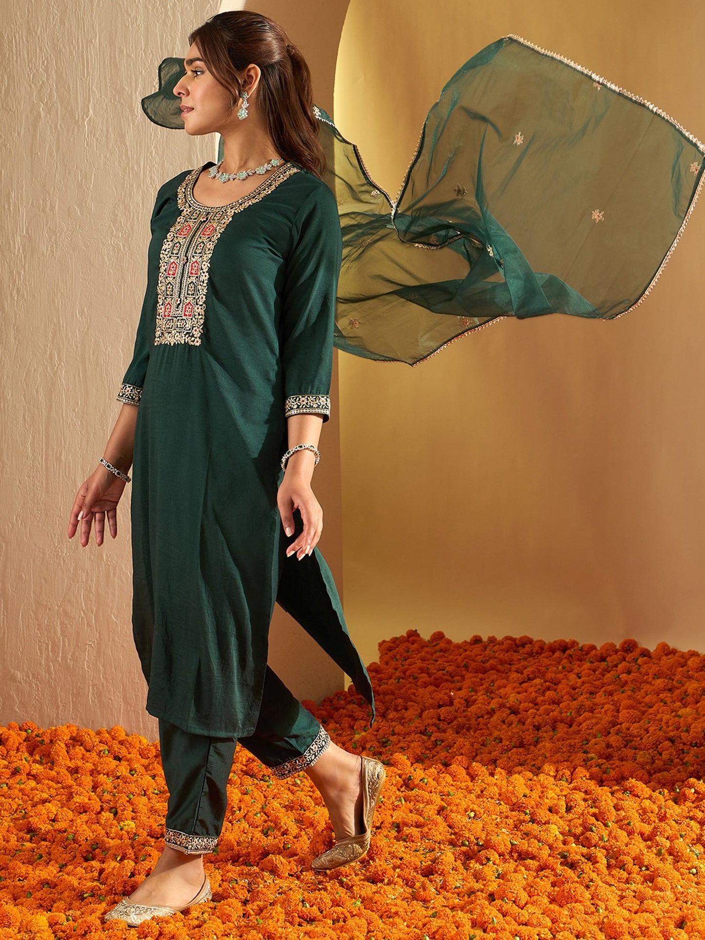 Indo Era Green Embroidered Straight Kurta Trousers With Dupatta set