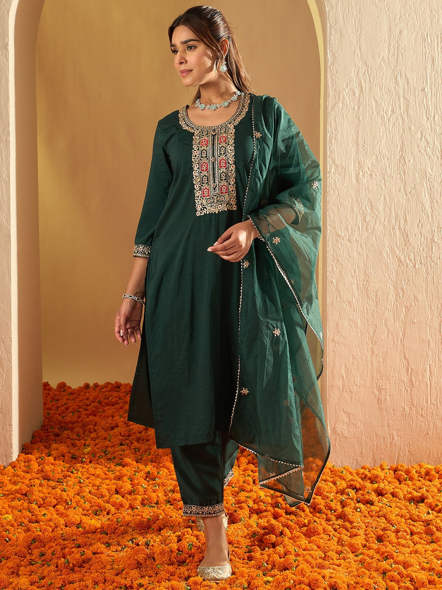Indo Era Green Embroidered Straight Kurta Trousers With Dupatta set