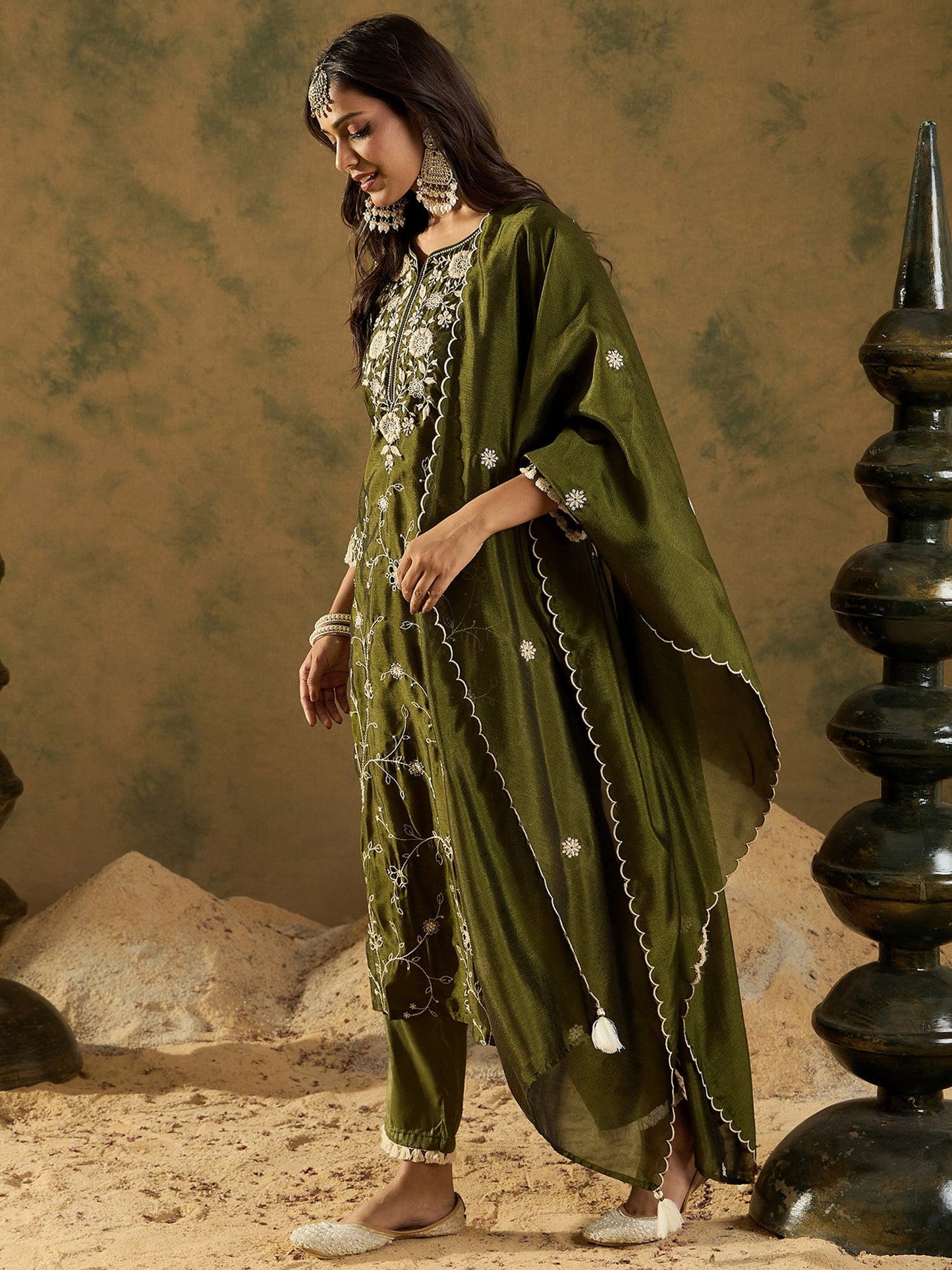 Green Embroidered Straight Kurta Trousers With Dupatta set