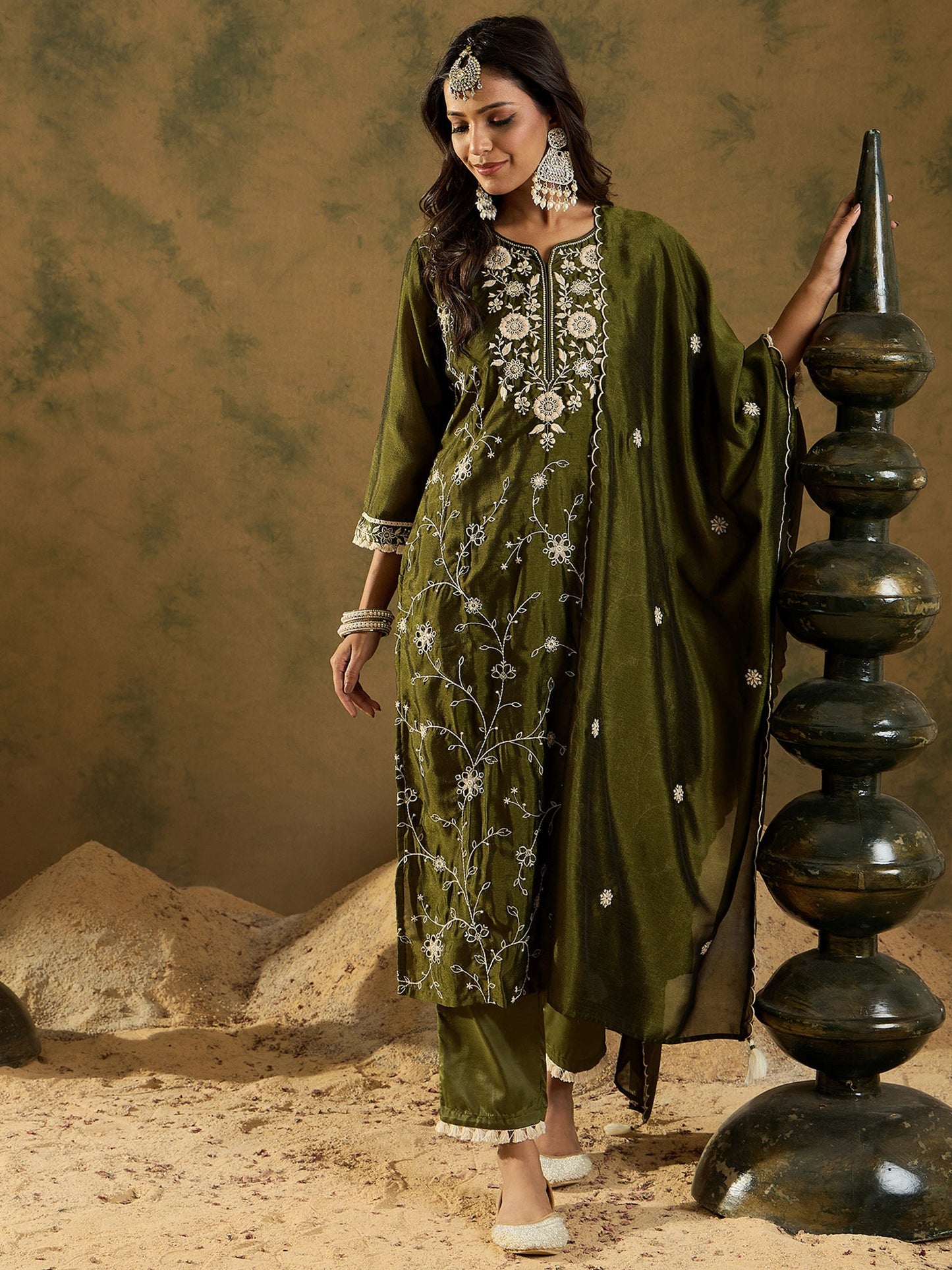 Green Embroidered Straight Kurta Trousers With Dupatta set