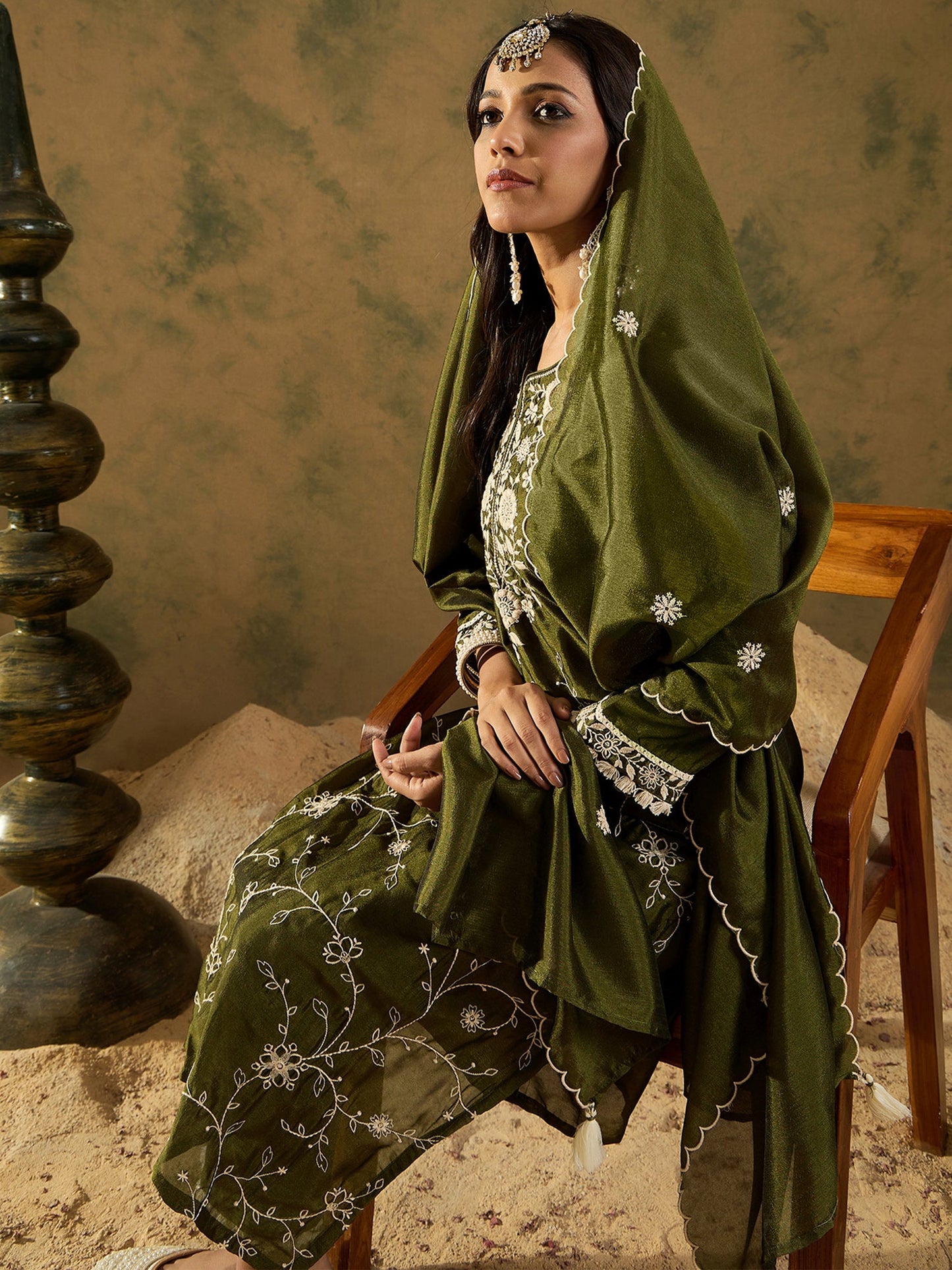 Green Embroidered Straight Kurta Trousers With Dupatta set