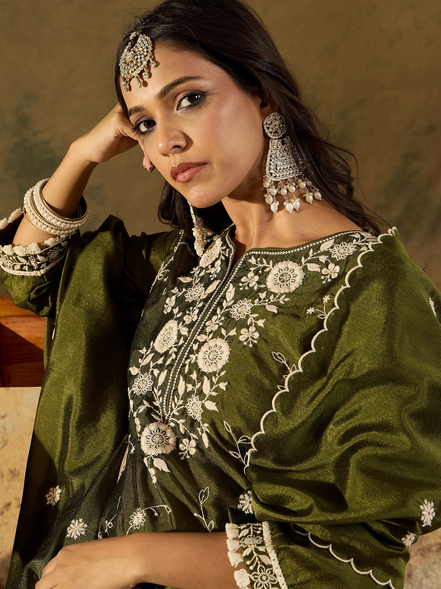 Green Embroidered Straight Kurta Trousers With Dupatta set