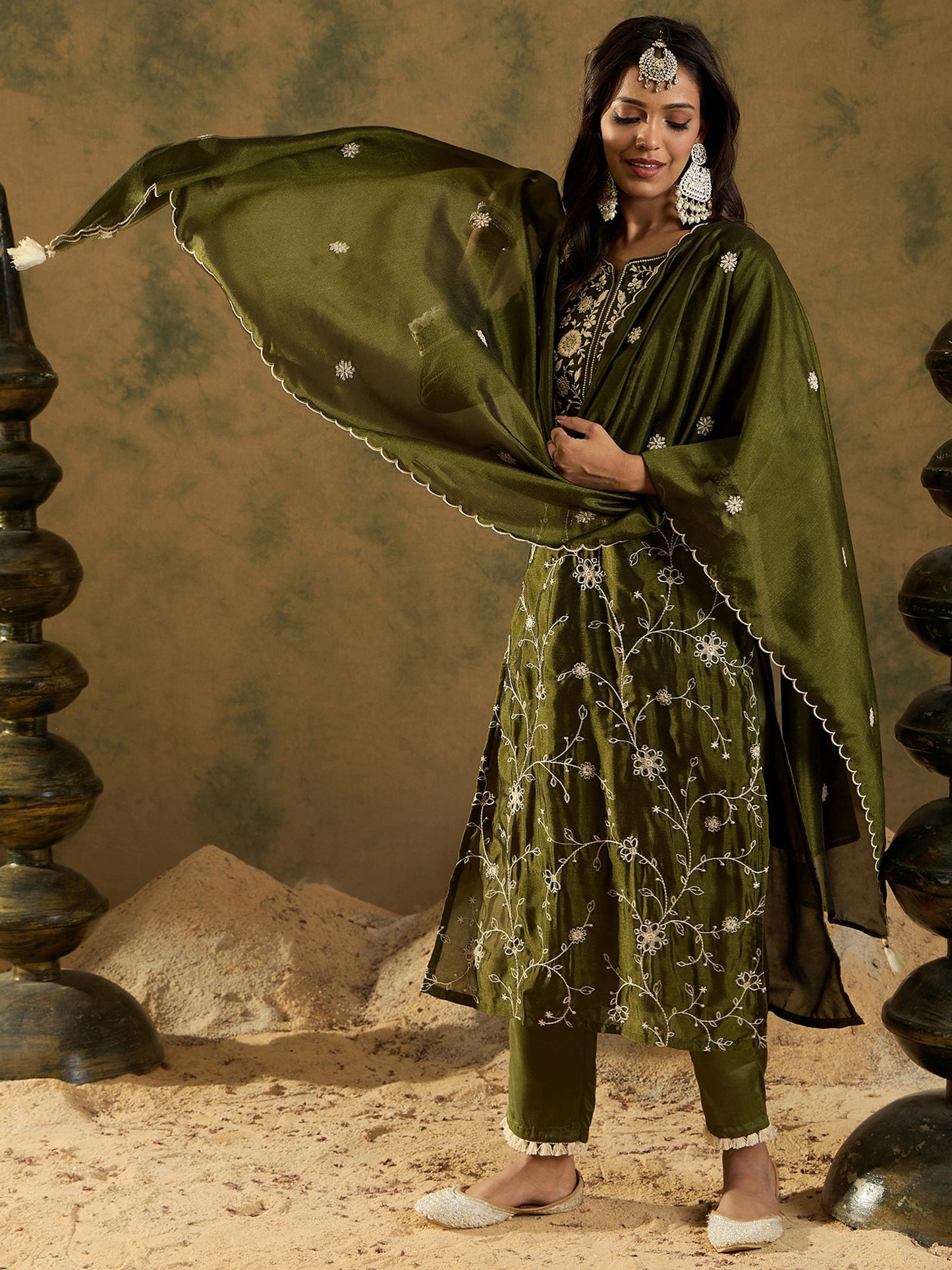 Green Embroidered Straight Kurta Trousers With Dupatta set