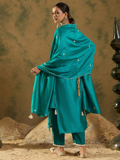 Indo Era Blue Embroidered Straight Kurta Trousers With Dupatta  Set