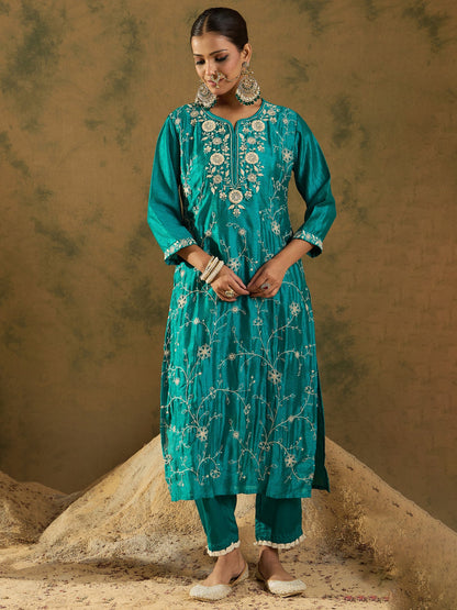 Indo Era Blue Embroidered Straight Kurta Trousers With Dupatta  Set
