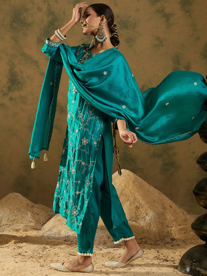 Indo Era Blue Embroidered Straight Kurta Trousers With Dupatta  Set
