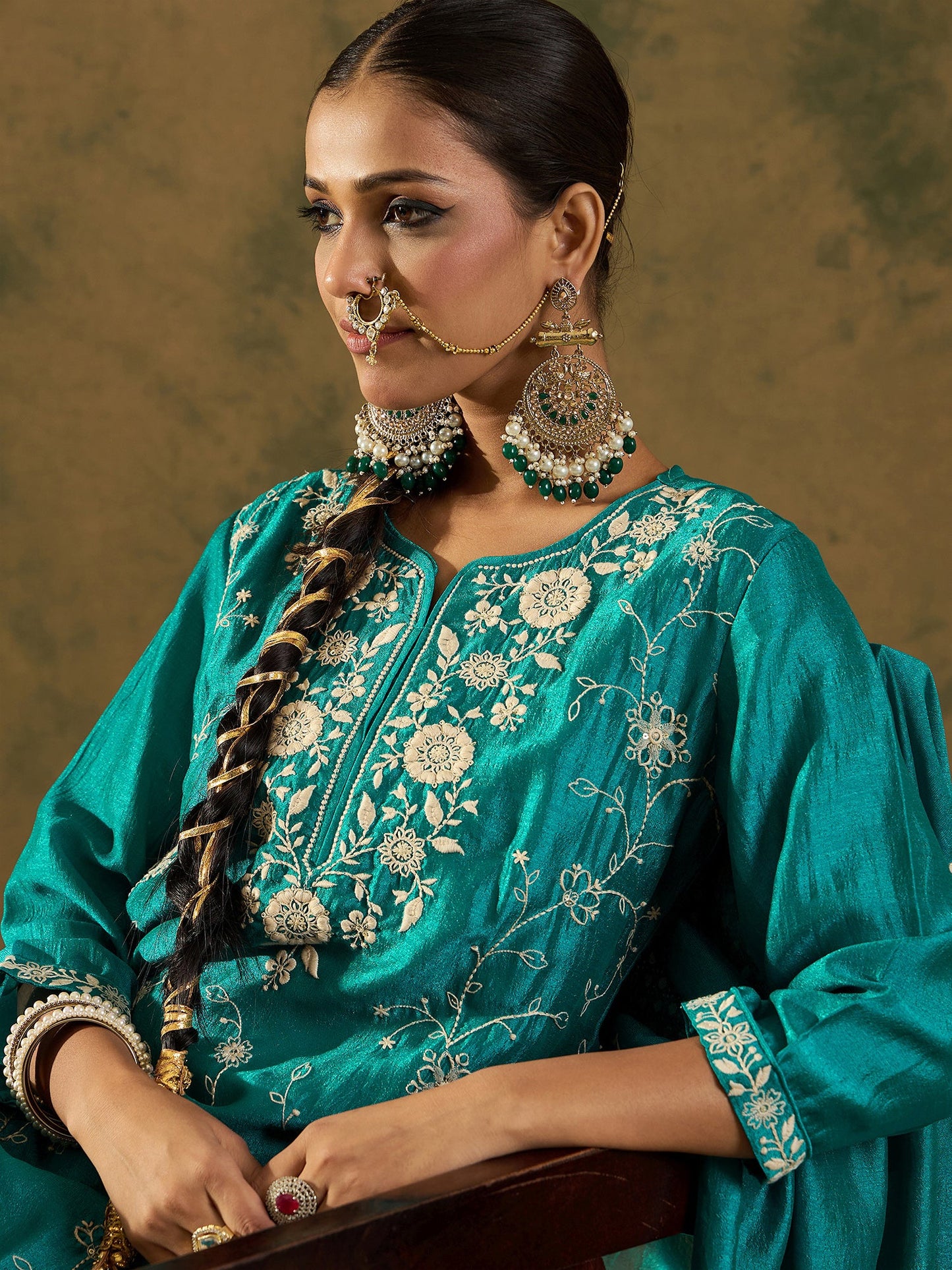 Indo Era Blue Embroidered Straight Kurta Trousers With Dupatta  Set