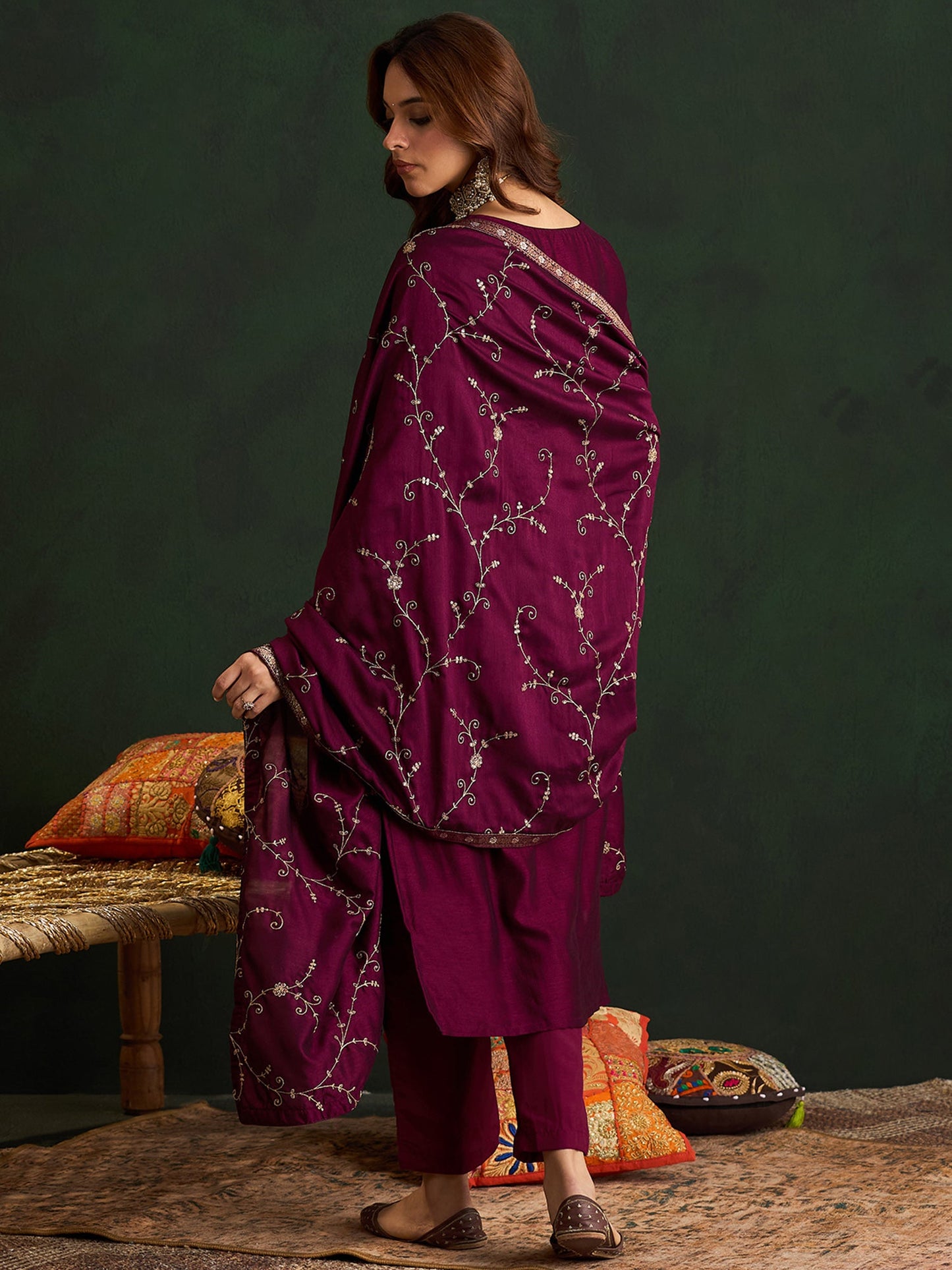 Indo Era Burgundy Embroidered Straight Kurta Trousers With Dupatta set