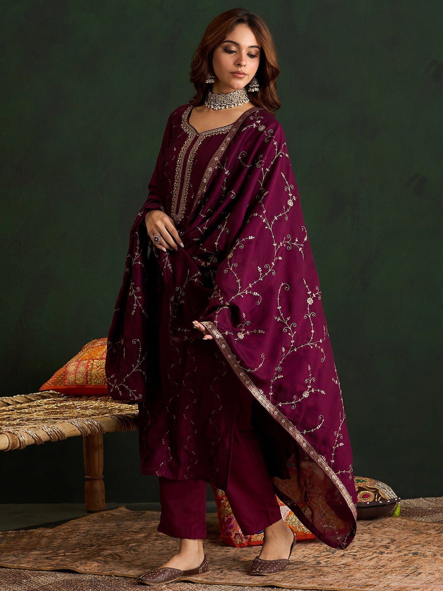 Indo Era Burgundy Embroidered Straight Kurta Trousers With Dupatta set