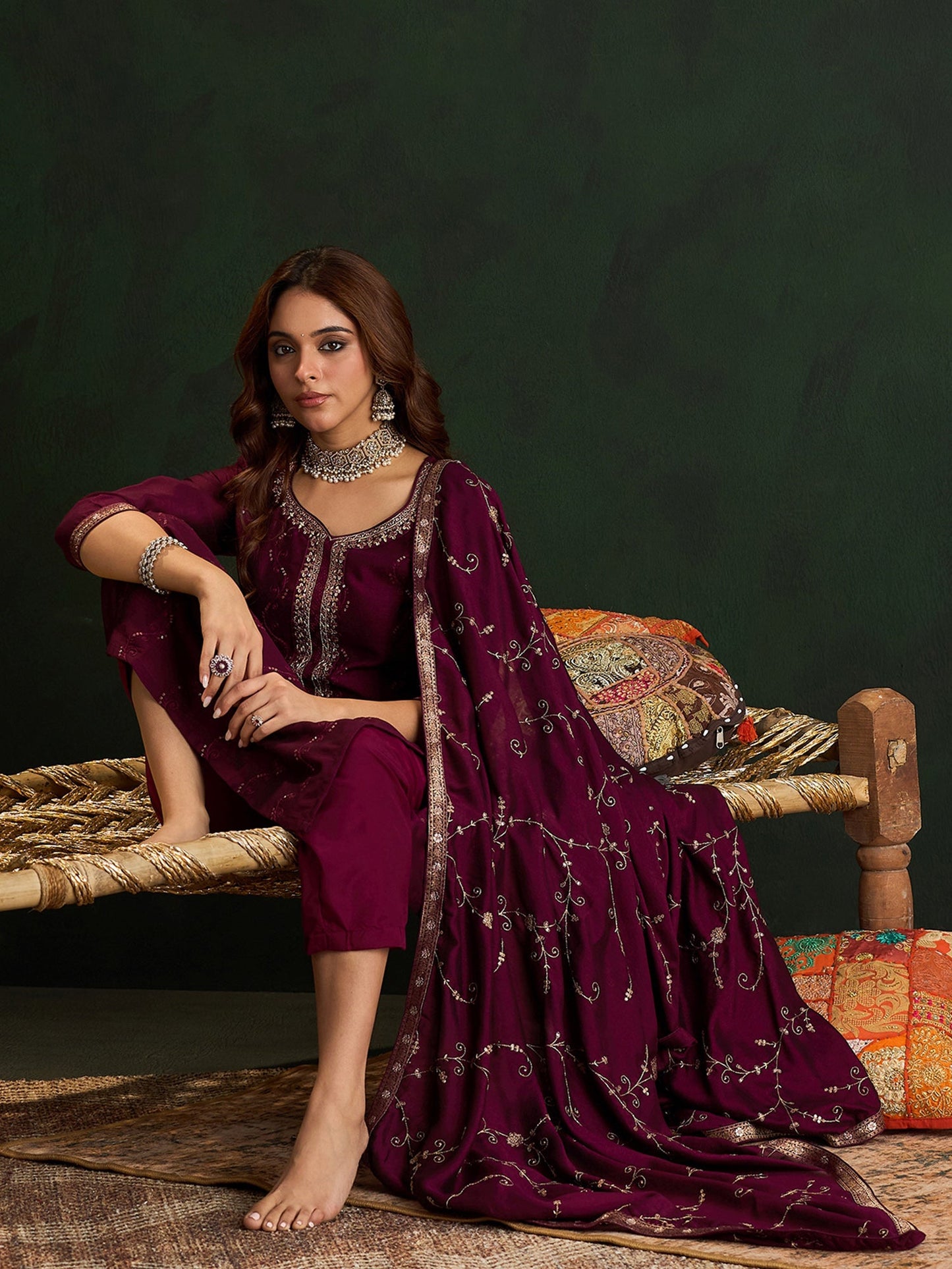 Indo Era Burgundy Embroidered Straight Kurta Trousers With Dupatta set