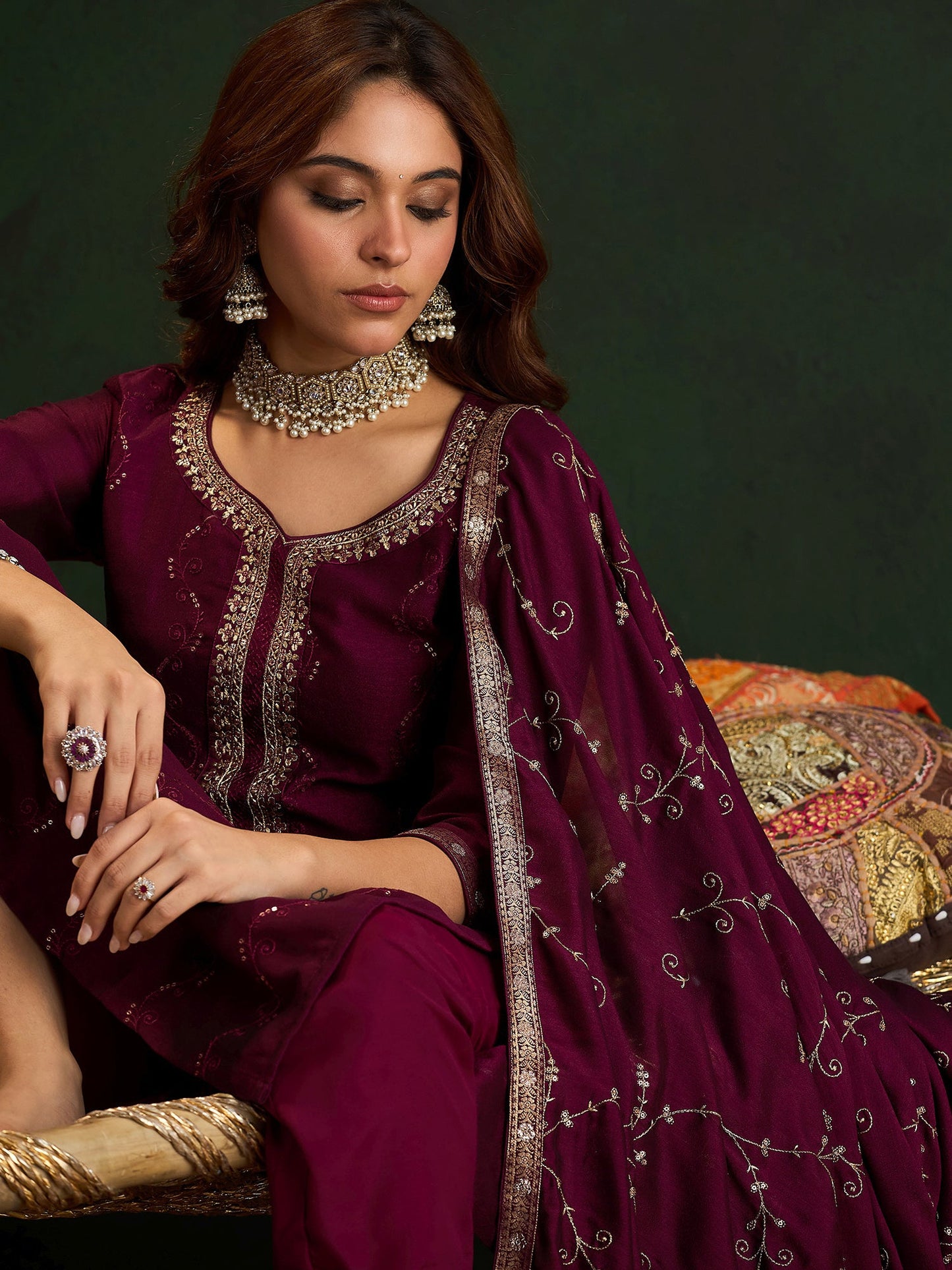 Indo Era Burgundy Embroidered Straight Kurta Trousers With Dupatta set