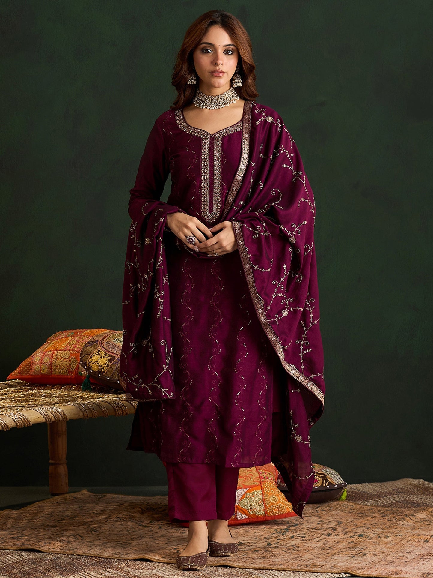 Indo Era Burgundy Embroidered Straight Kurta Trousers With Dupatta set