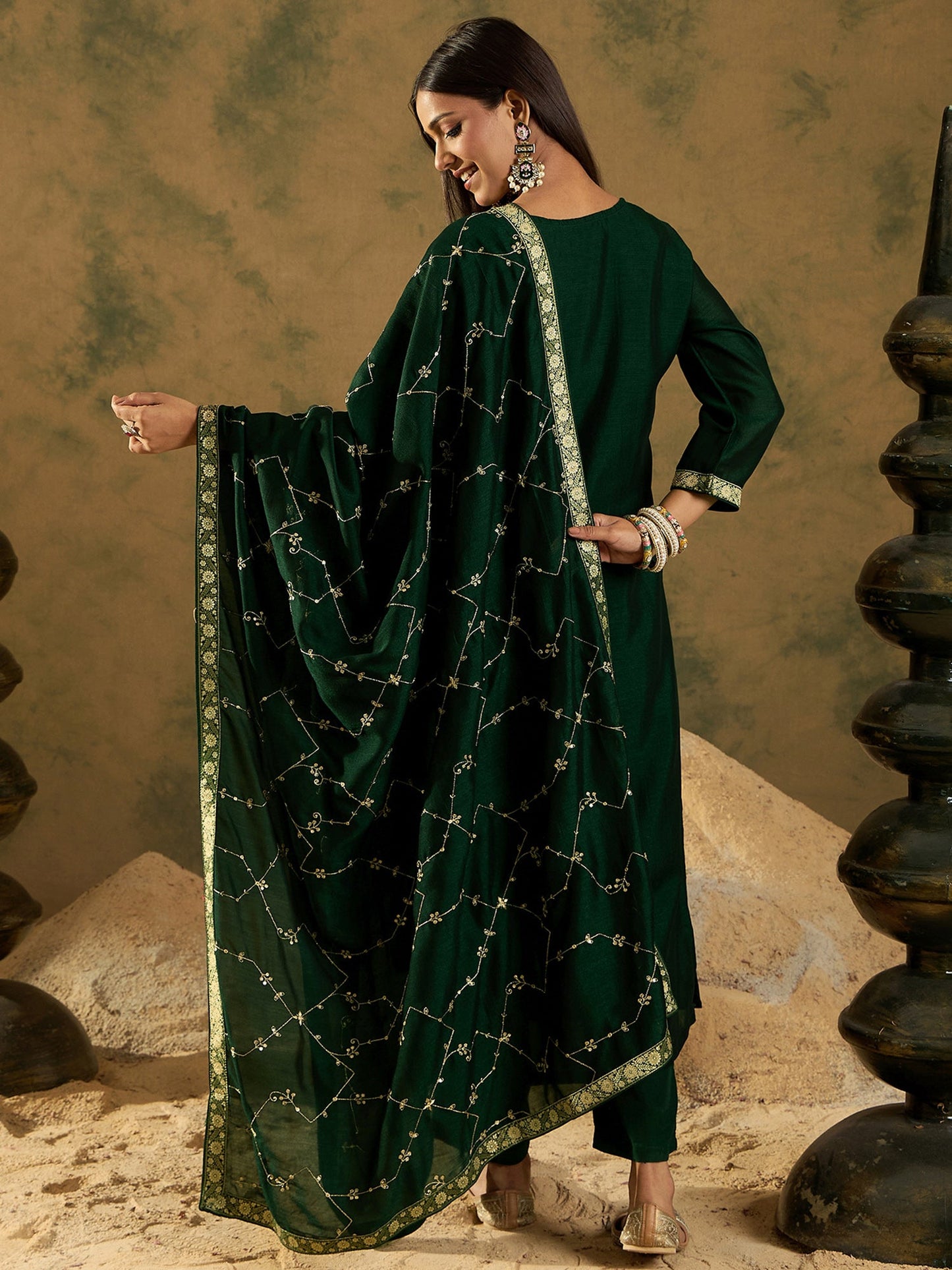 Indo Era Green Embroidered Straight Kurta Trousers With Dupatta set
