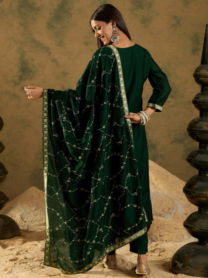 Indo Era Green Embroidered Straight Kurta Trousers With Dupatta set