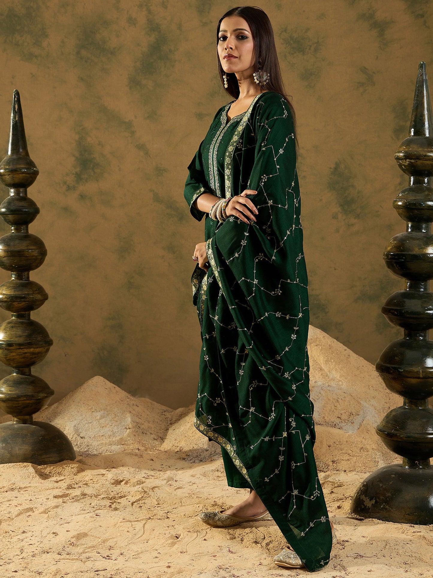 Indo Era Green Embroidered Straight Kurta Trousers With Dupatta set