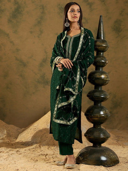 Indo Era Green Embroidered Straight Kurta Trousers With Dupatta set
