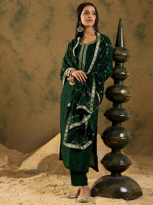 Indo Era Green Embroidered Straight Kurta Trousers With Dupatta set