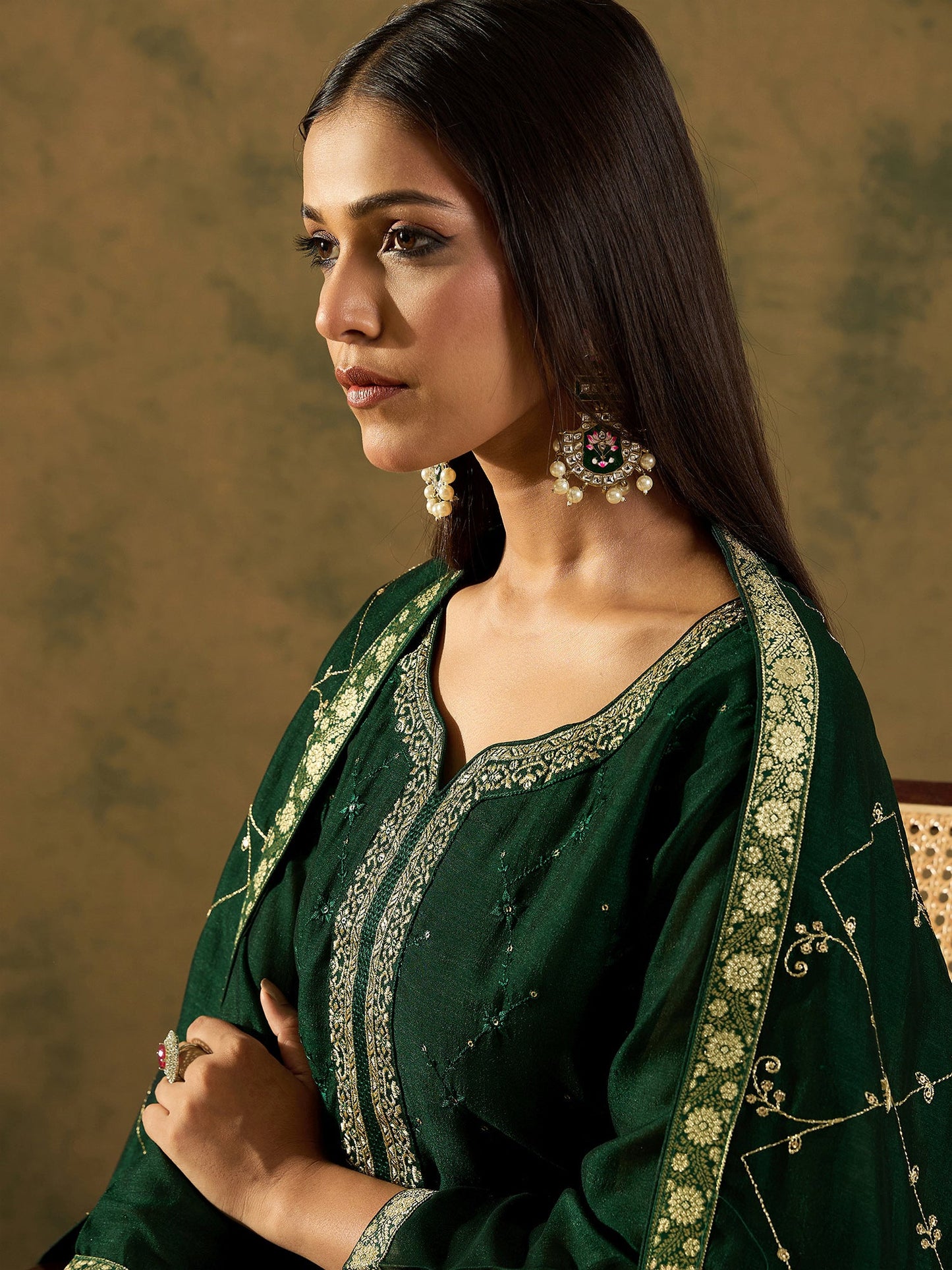 Indo Era Green Embroidered Straight Kurta Trousers With Dupatta set