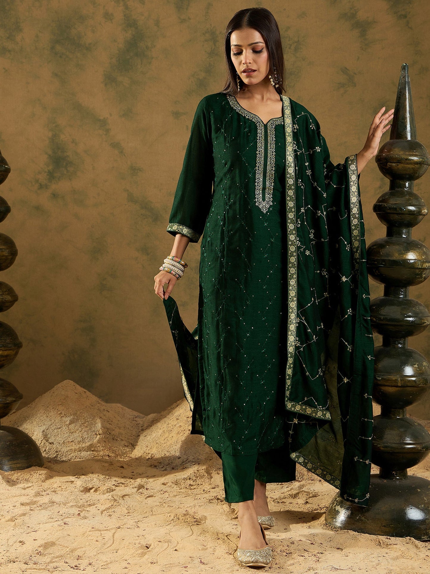 Indo Era Green Embroidered Straight Kurta Trousers With Dupatta set