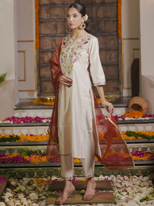 Off White Embroidered Straight Kurta Trousers With Dupatta Set