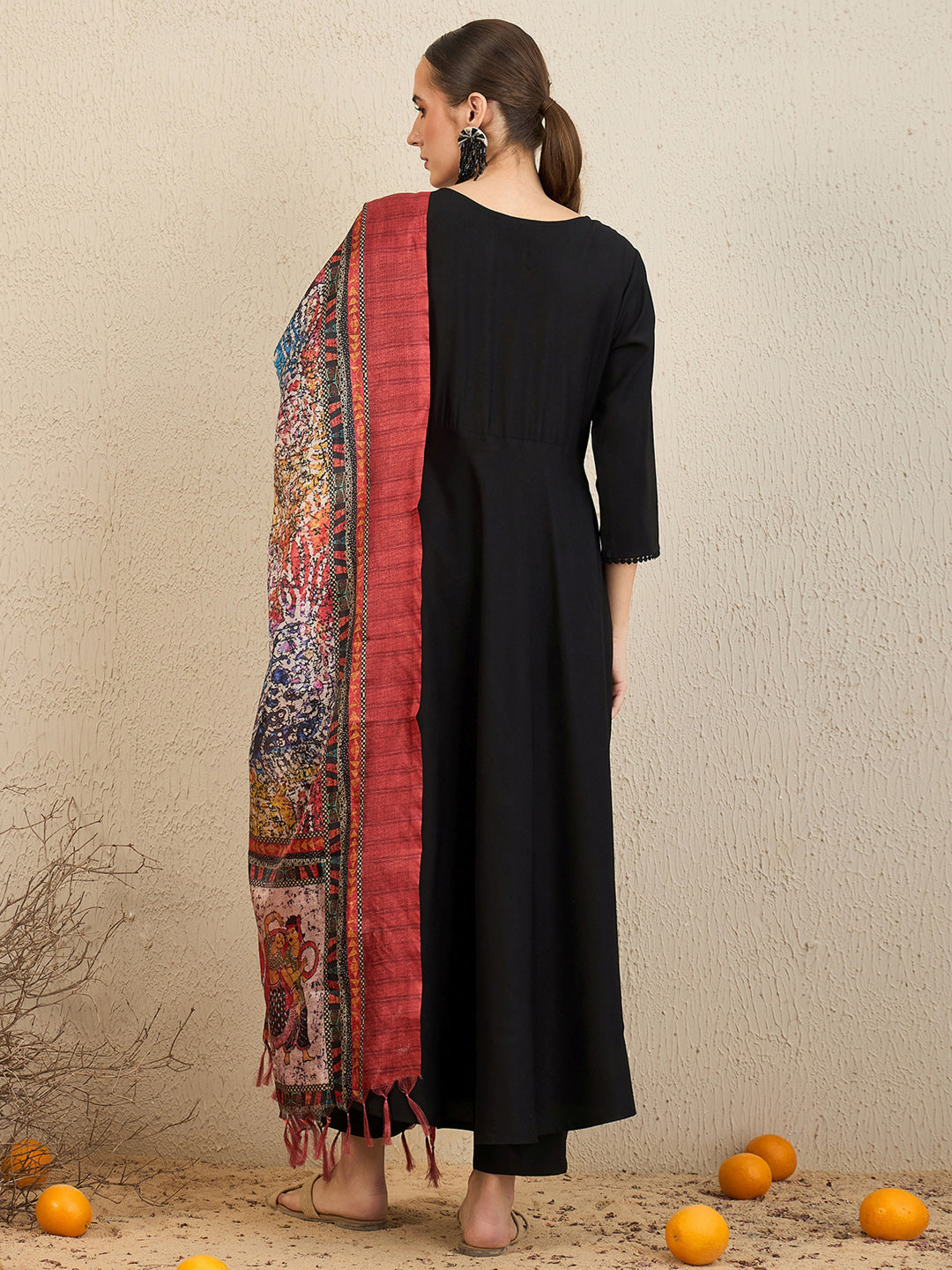 Indo Era Black Solid A-Line Kurta Trousers With Dupatta  Set