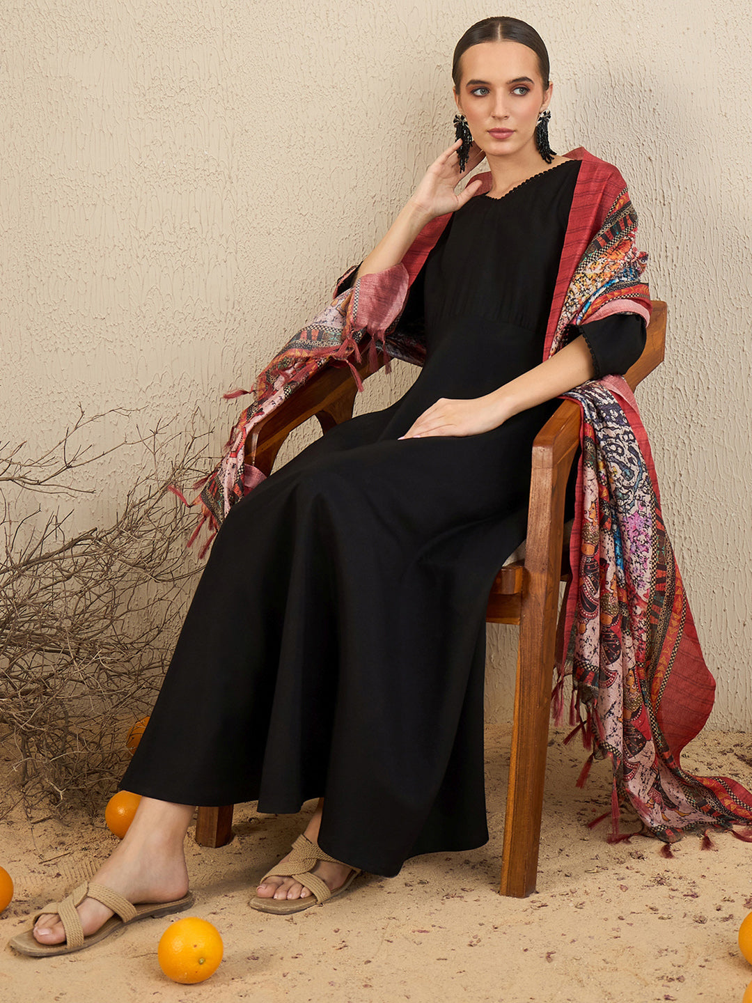 Indo Era Black Solid A-Line Kurta Trousers With Dupatta  Set