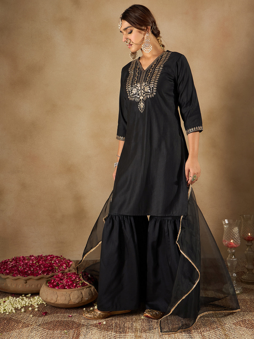 Indo Era Black Embroidered Straight Kurta Sharara With Dupatta  Set