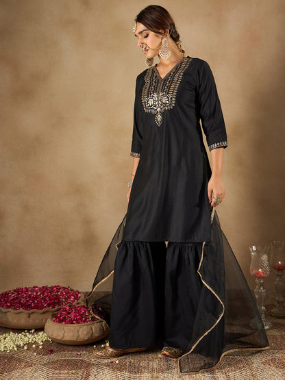Indo Era Black Embroidered Straight Kurta Sharara With Dupatta  Set