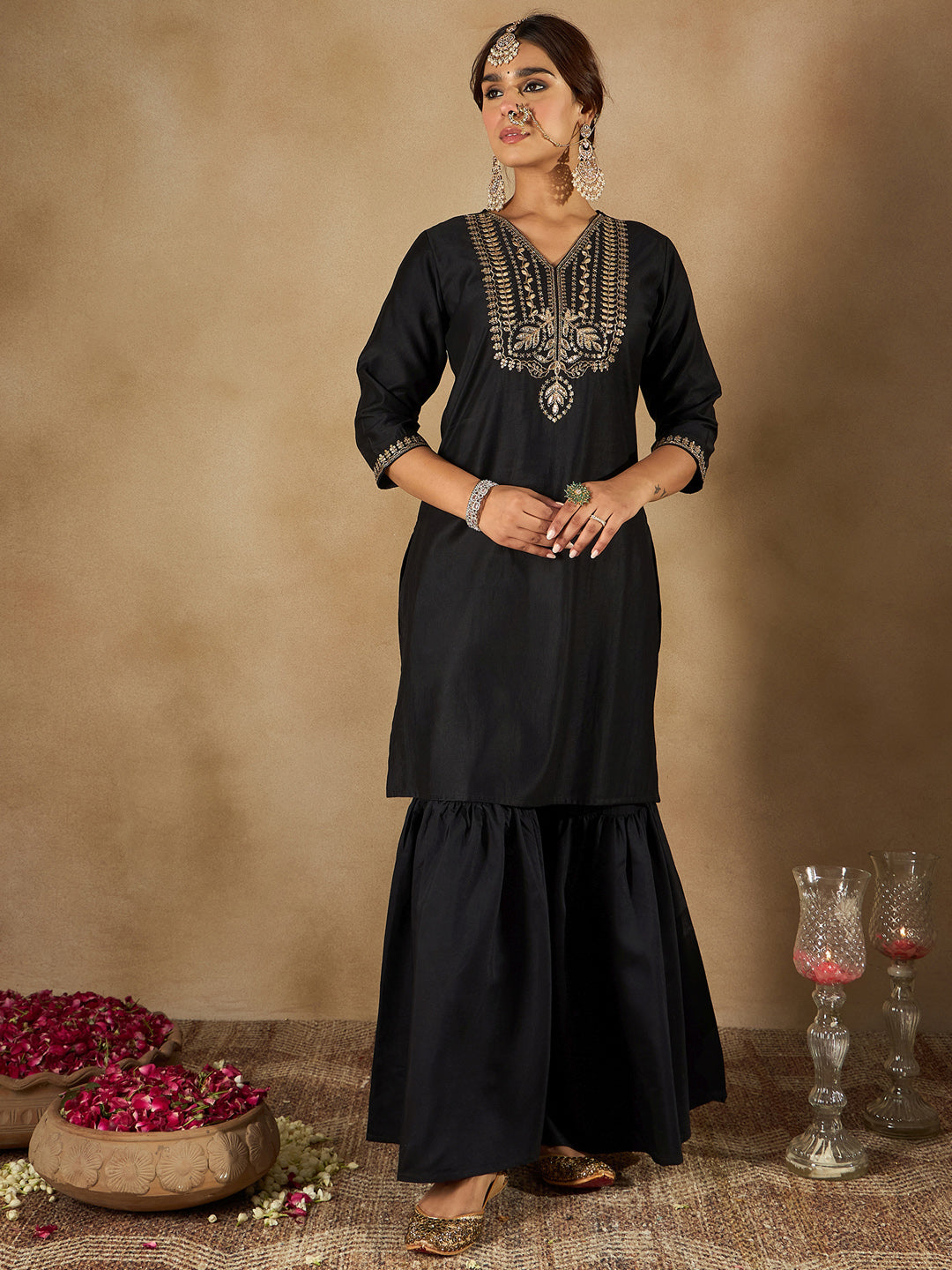 Indo Era Black Embroidered Straight Kurta Sharara With Dupatta  Set