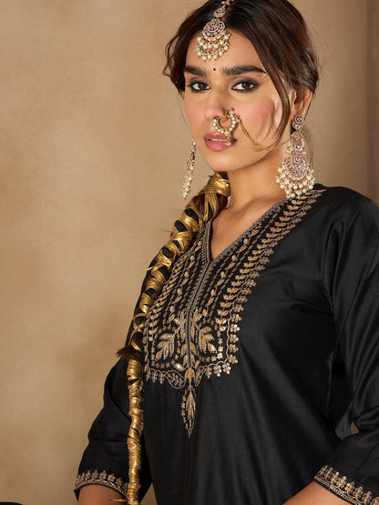 Indo Era Black Embroidered Straight Kurta Sharara With Dupatta  Set