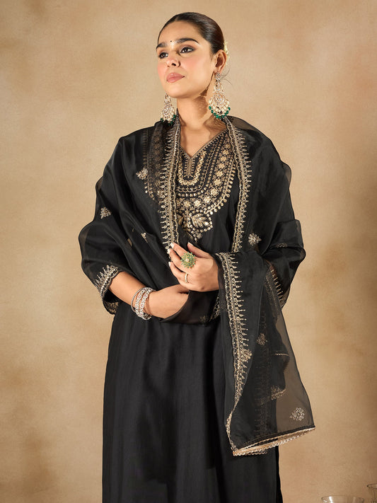 Indo Era Black Embroidered Straight Kurta Trousers With Dupatta  Set